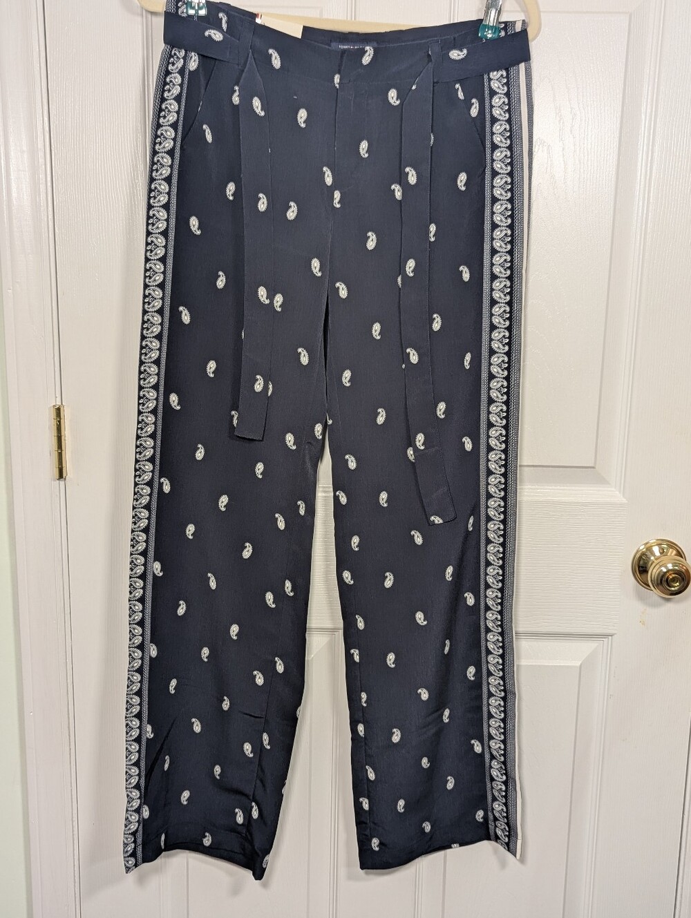 Tommy Hilfiger NWT Navy Paisley Bandana Side Stripe Wide Leg Pants Tie Waist 4